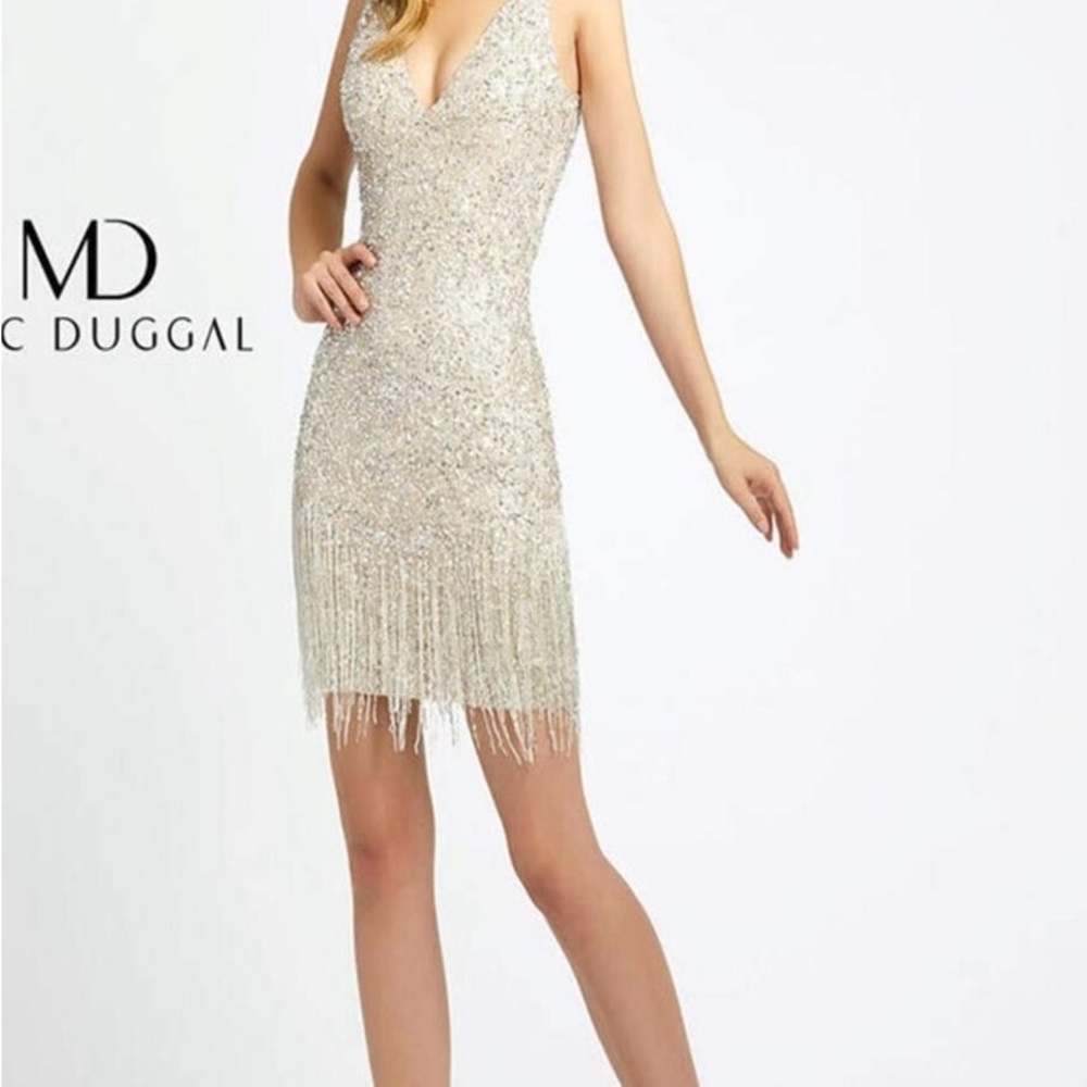 Mac Duggal Glittering Silver Mini Dress